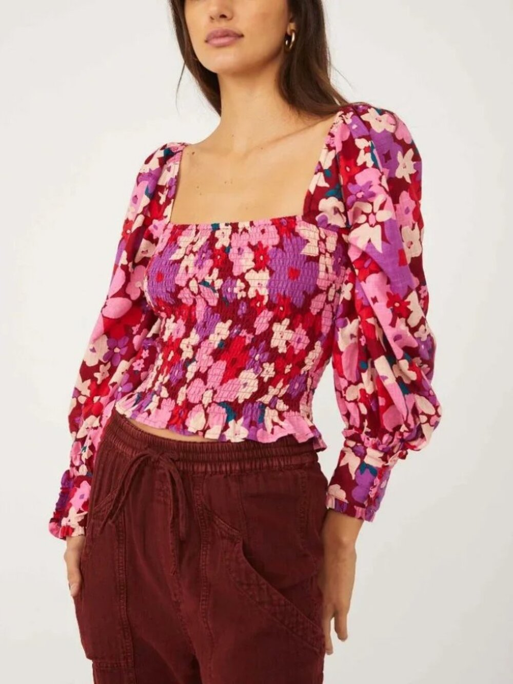 Free People Ariana Printed Top Floral Smocked Long Sleeve Feminine Boho Size L